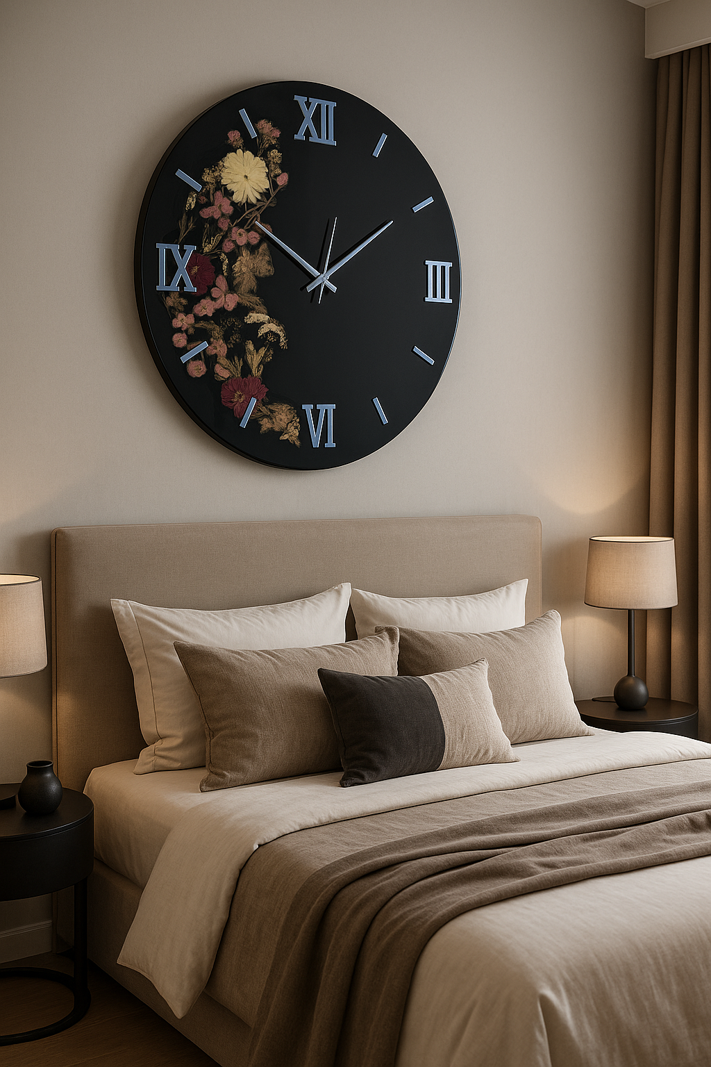 Horloge murale artisanale en résine avec les fleurs séchées.